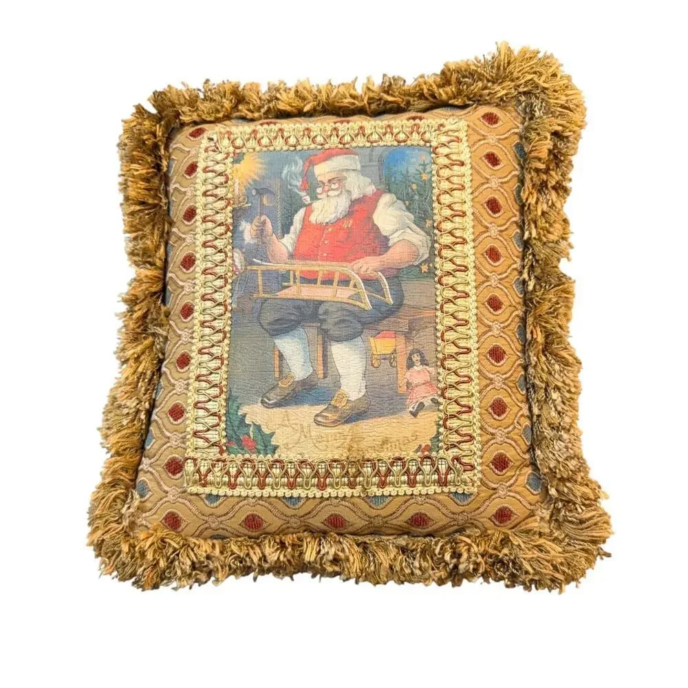 Pulvermacher NYC Luxury Santa Christmas Pillow Velvet Fringe Holiday Decor
